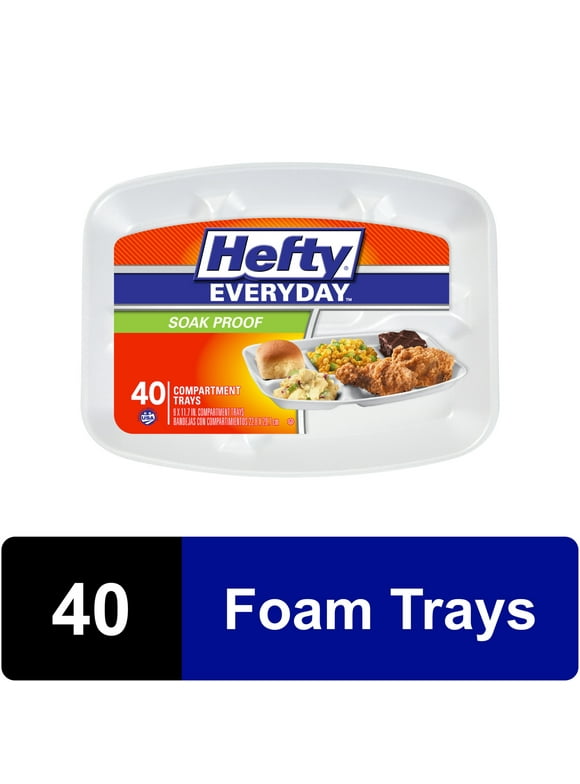 Hefty Everyday Soak-Proof Foam Compartment Tray, White, 9 x 11 Inch, 40 Count