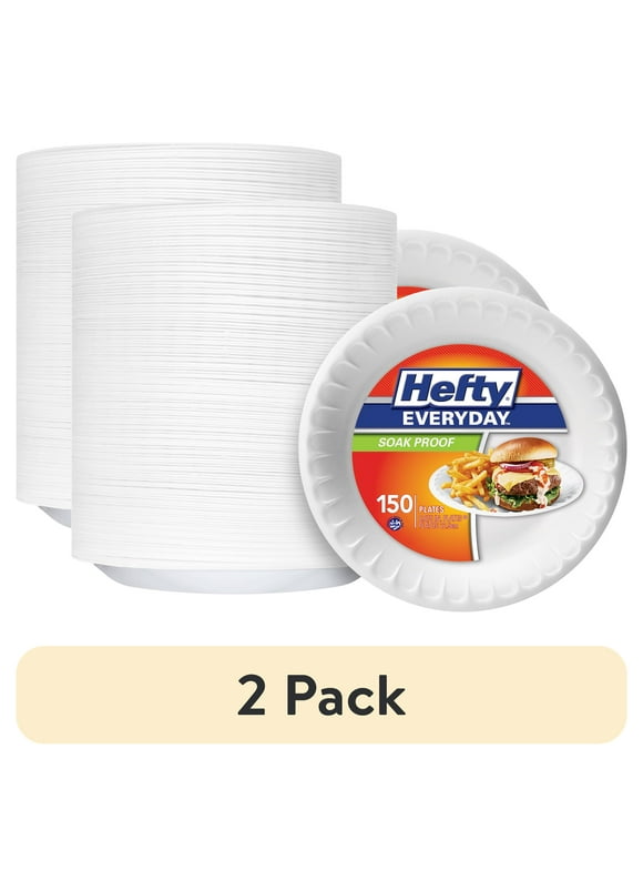 (2 pack) Hefty Everyday Soak-Proof Foam Plates, White, 8.875 Inch, 150 Count