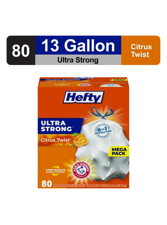 Hefty Ultra Strong 13 gallon Trash Bags, Tall Kitchen Trash Bags, White, Citrus Twist Scent, 80 Bags