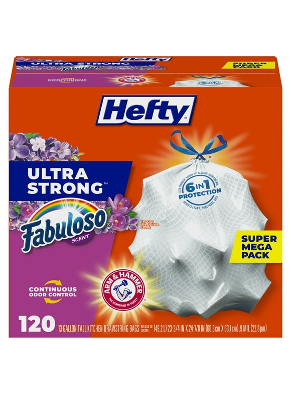 Hefty Ultra Strong 13 gallon Trash Bags, Tall Kitchen Trash Bags, White, Fabuloso Scent, 120 Bags