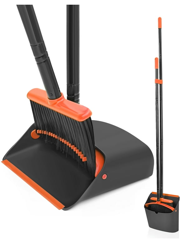 JEHONN Broom and Dustpan Set for Home, Long Handle Lightweight Broom Set with Comb Teeth (Orange Black)