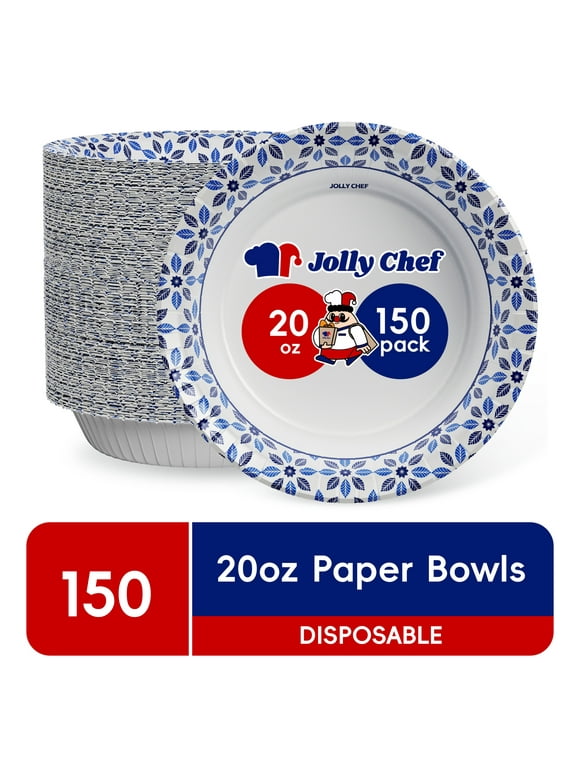 JOLLY CHEF Disposable Paper Bowls,Strong,Soak Proof,Microwave Safe,20 oz,Patterned,150 Count