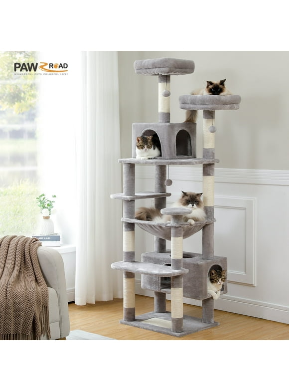 PAWZ Road 73"Cat Tree for Large Cats Multi Level Play Tower Condo 7 Sisal Cat Scratching Posts Gray