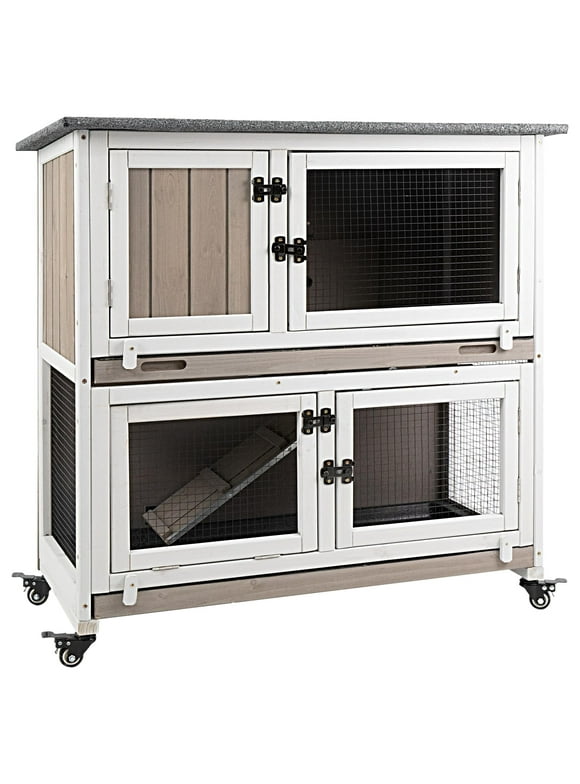 PETSCOSSET 36"L Rabbit Hutch Indoor Wooden 2 Story Bunny Hutch Rabbit Cage Outdoor Bunny Cage on 4 Metal Wheels and 2 Deeper Pull Out Trays,Ramp,Guinea Pig Pet House for Small to Medium Animals,Grey