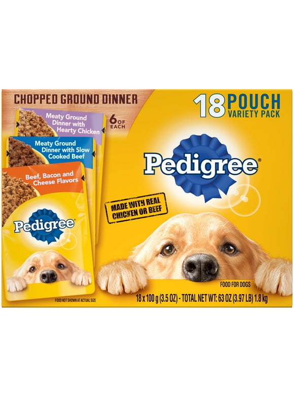 Pedigree Chopped Ground Dinner Wet Dog Food Variety Pack, 3.5 Oz Pouches (18 Pack)