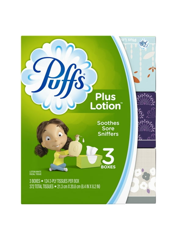 Puffs Plus Lotion Facial Tissue, 3 Family Boxes, 124 Facial Tissues Per Box