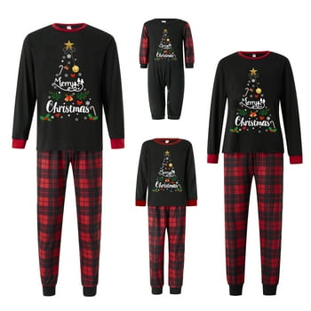 Qiylii Family Matching Christmas Pajamas Set, Parent-Child Letter Snowflake Print Long-Sleeved T shirt Tops + Plaid Trousers Sleepwear Outfits