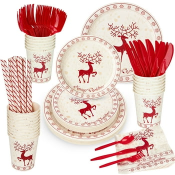 Sangdo Christmas Party Plate Set 215pcs Disposable Christmas Party Supplies for 25, Dinnerware Set Includes Paper Plate Napkins Cups Straws and Cutlery