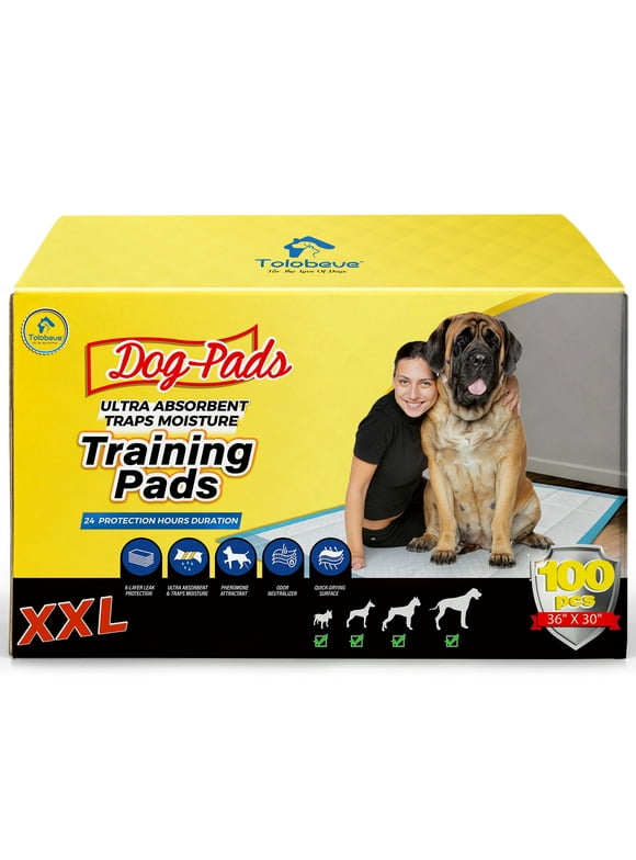 Tolobeve Dog Training Pads, XXL, 30 in x 36 in, 100 Count Disposable Dog Puppy Pee Pads