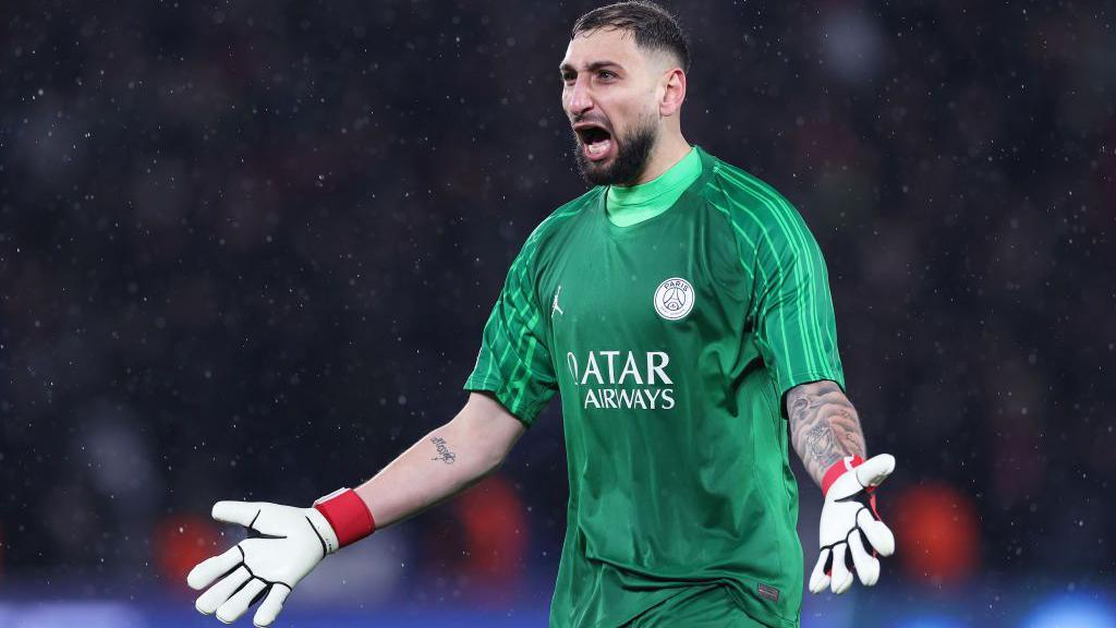 Paris St-Germain goalkeeper Gianluigi Donnarumma celebrates during their Champions League win against Manchester City