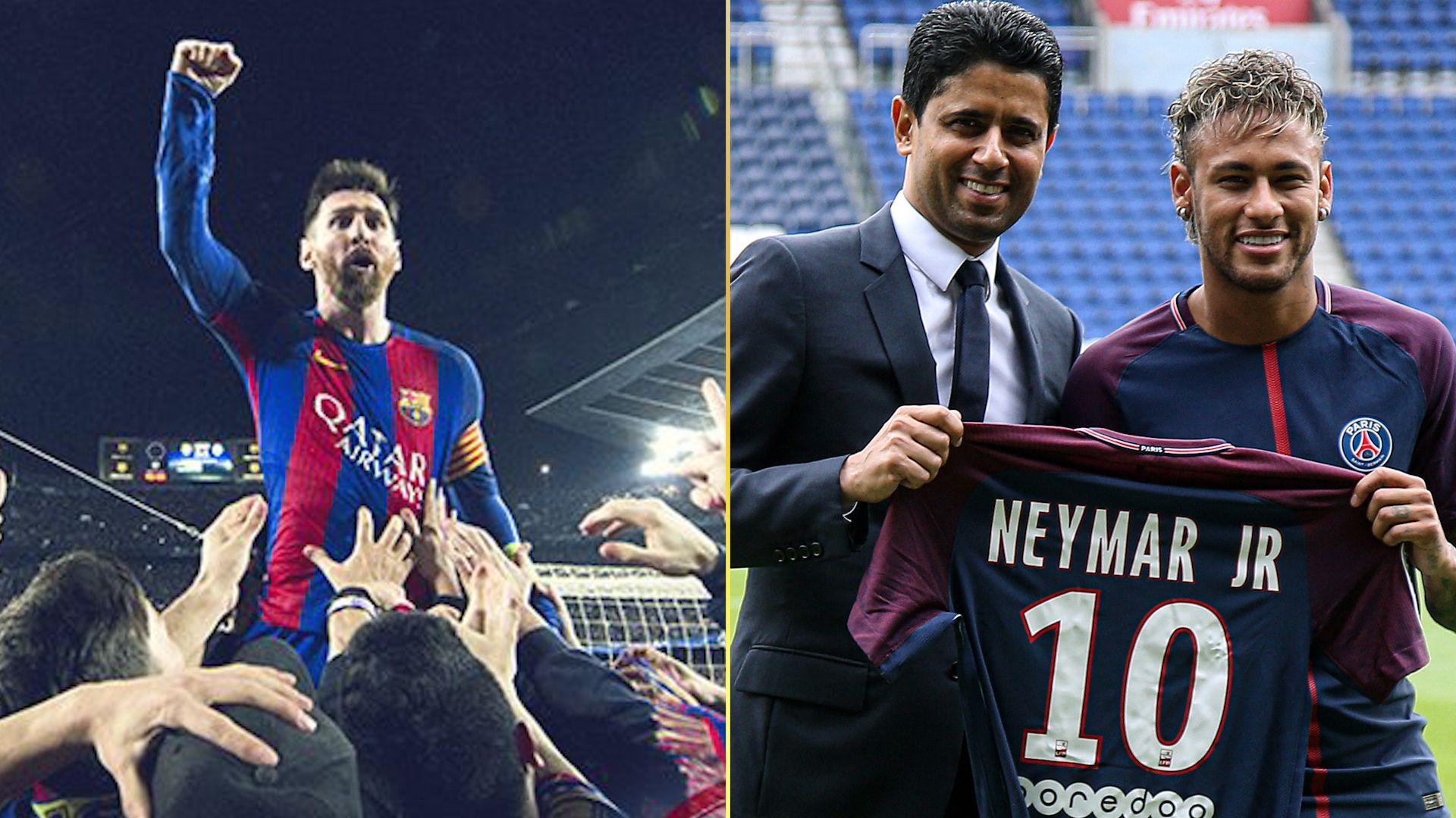 A side-by-side picture of Lionel Messi celebrating with the Barcelona crowd after their 6-1 victory over PSG, and Neymar standing with a PSG shirt after signing in 2017.