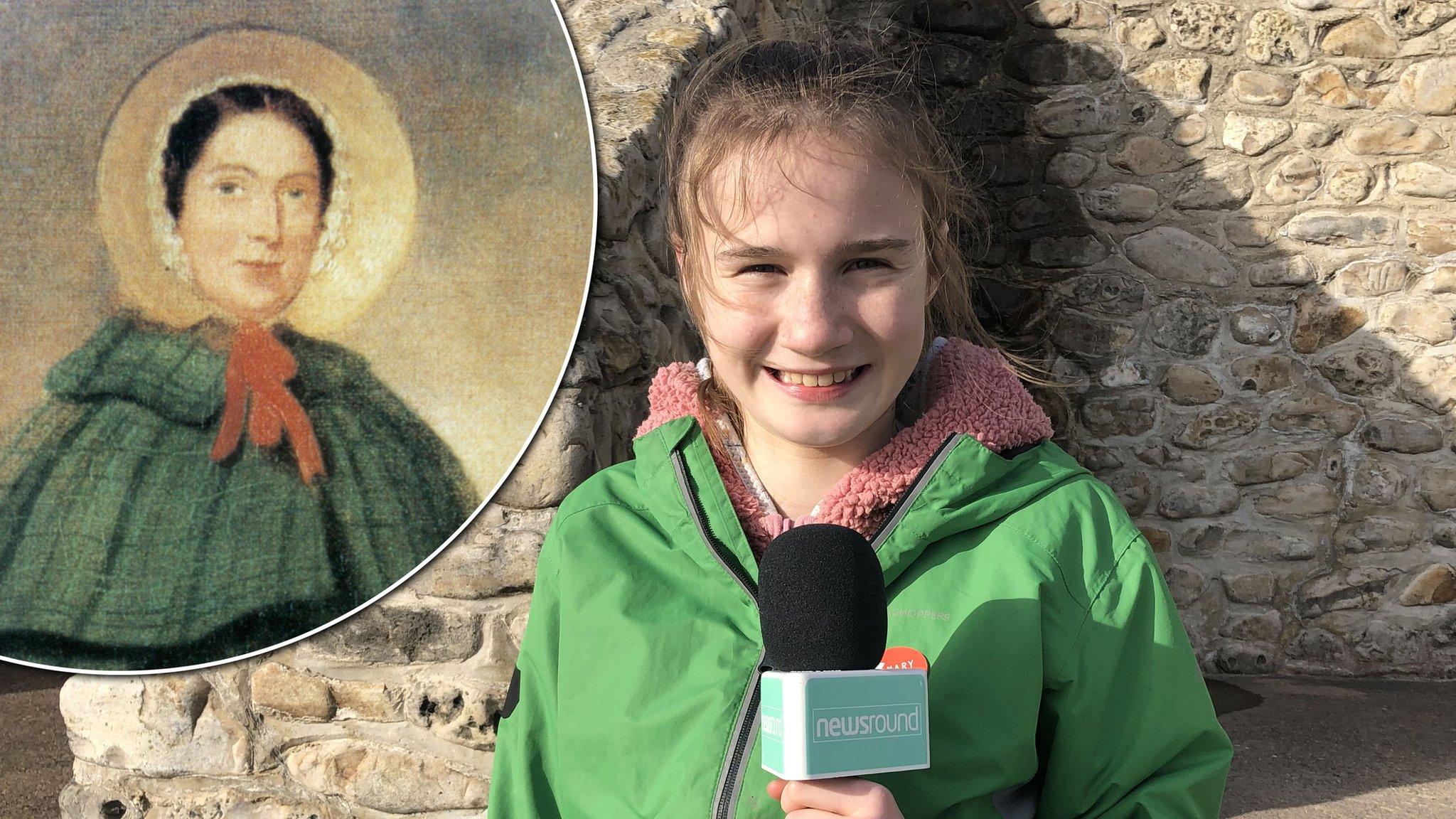 Evie alongside a picture of Mary Anning.