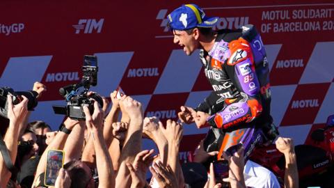 Spanish rider Jorge Martin celebrates becoming the new world champion.