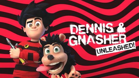 Dennis and Gnasher Unleashed, a 3D animated show, Dennis is a young boy wearing a black and red striped jumper, Gnasher is a small black dog with a very long tongue.