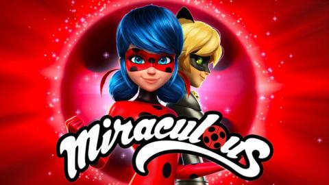 miraculous hero characters in the centre of a red bubble with the brand logo in front of them at the bottom centre.