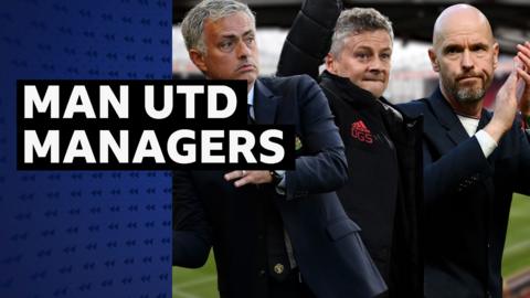 Jose Mourinho, Ole Gunnar Solskjaer and Erik ten Hag