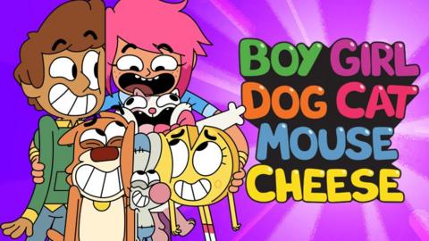 Boy Girl Dog Cat Mouse Cheese, it is a colourful and exciting cartoon with bright characters, they are hugging so tightly that they are squishing the cat in the middle, who looks very excited.