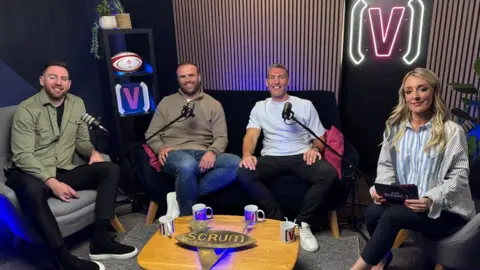 Scrum V's Alex Cuthbert, Jamie Roberts, James Hook and Lauren Jenkins