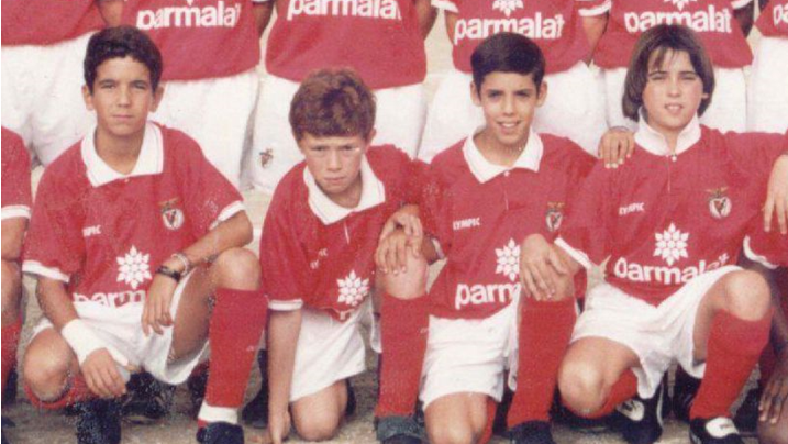 Ruben Amorim (left) pictured in the Benfica boys' team along with friends Bruno Simao (second right) and Pedro Russiano (right)