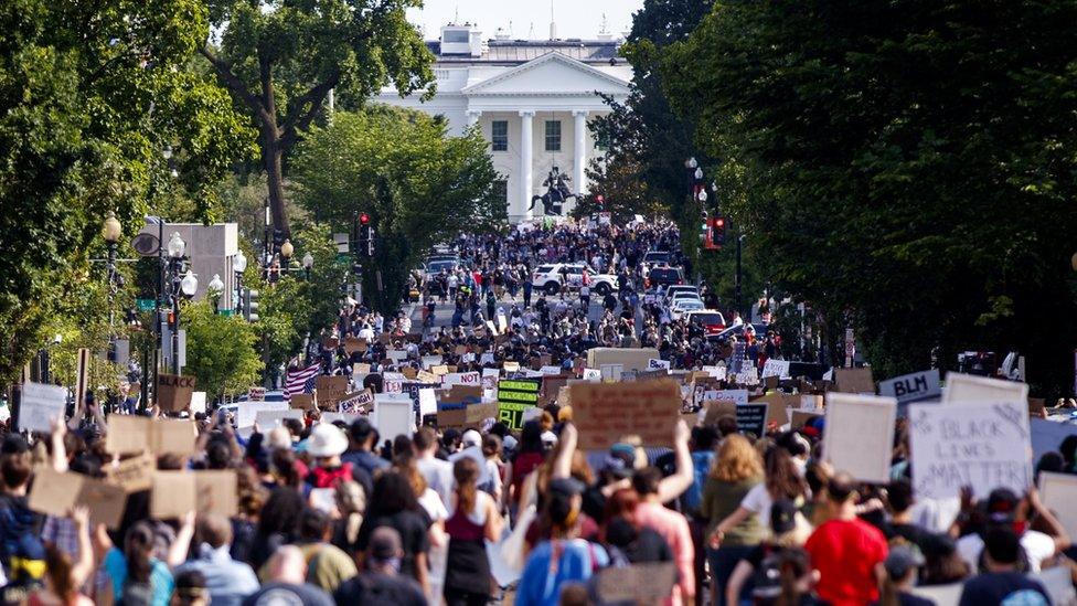 People, who gathered in protest of the death of George Floyd, peacefully march to the White House in Washington, DC, USA, 02 June 2020