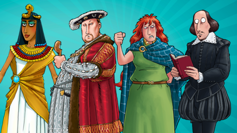 Image shows illustrations of Cleopatra, Henry VIII, Boudicca and Shakespeare.