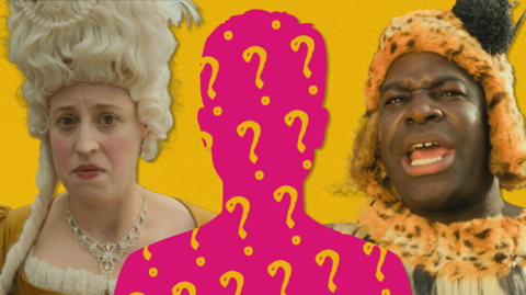 A zulu king and a french queen are next to an silhouette of a person covered in question marks