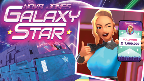 Nova Jones is holding a phone with the "spaceagram" app showing lots of followers. She is next to the "Nova Jones: Galaxy Star" game logo