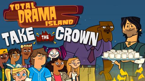 Text reads: "Total Drama Island, Take the Crown". Host, Chris McLean, is holding a plate full of marshmallows next to a whole host of contestants around a campfire