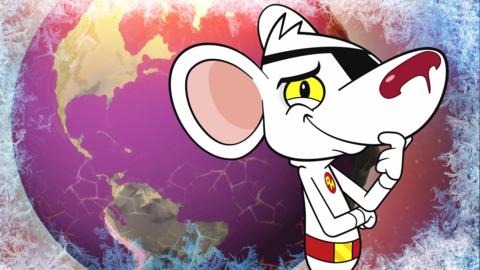 Danger Mouse thinking in front of a globe.