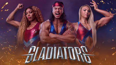 Fire, Viper and DIamond from Gladiators, strong and fierce, pose in smoke and sparks.