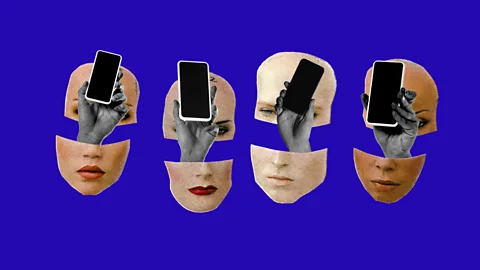 Mannequin heads with hands holding phones coming out of them with a blue background (Credit: Serenity Strull/BBC/Getty Images)