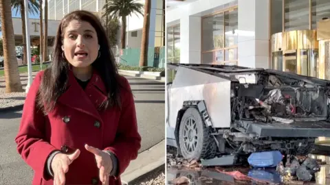 Split screen image showing Lily talking to the camera and the aftermath of the vehicle explosion.