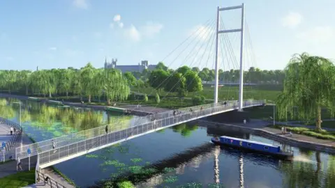 An artist's impression showing people walking on a bridge over a river. The bridge is wide enough for pedestrians and cyclists. On the right hand side, the bridge has a tall stanchion which is holding the wires that support the footpath over the river. A canal boat is going under the bridge. There are trees and fields on the riverbank. In the distance, Peterborough Cathedral can be seen.