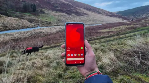 A man holds a mobile phone in the middle of a mountain in West Wales, tere is green space and blue sky, with a river and a dog. 