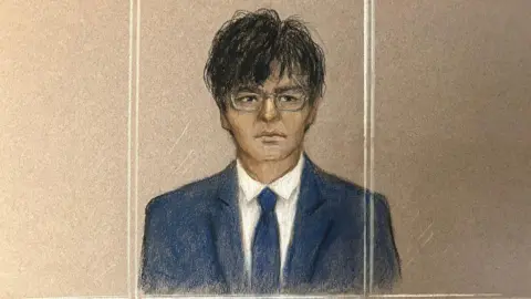 Court sketch of Zhenhao Zou, a man with black hair wearing a blue suit, white shirt and blue tie, sitting in the dock behind glass panels