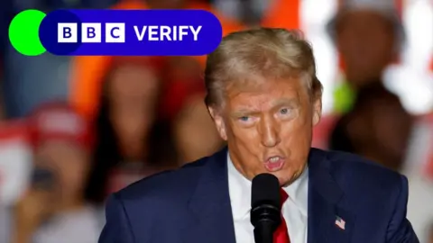 Trump giving a speech, with BBC Verify branding added