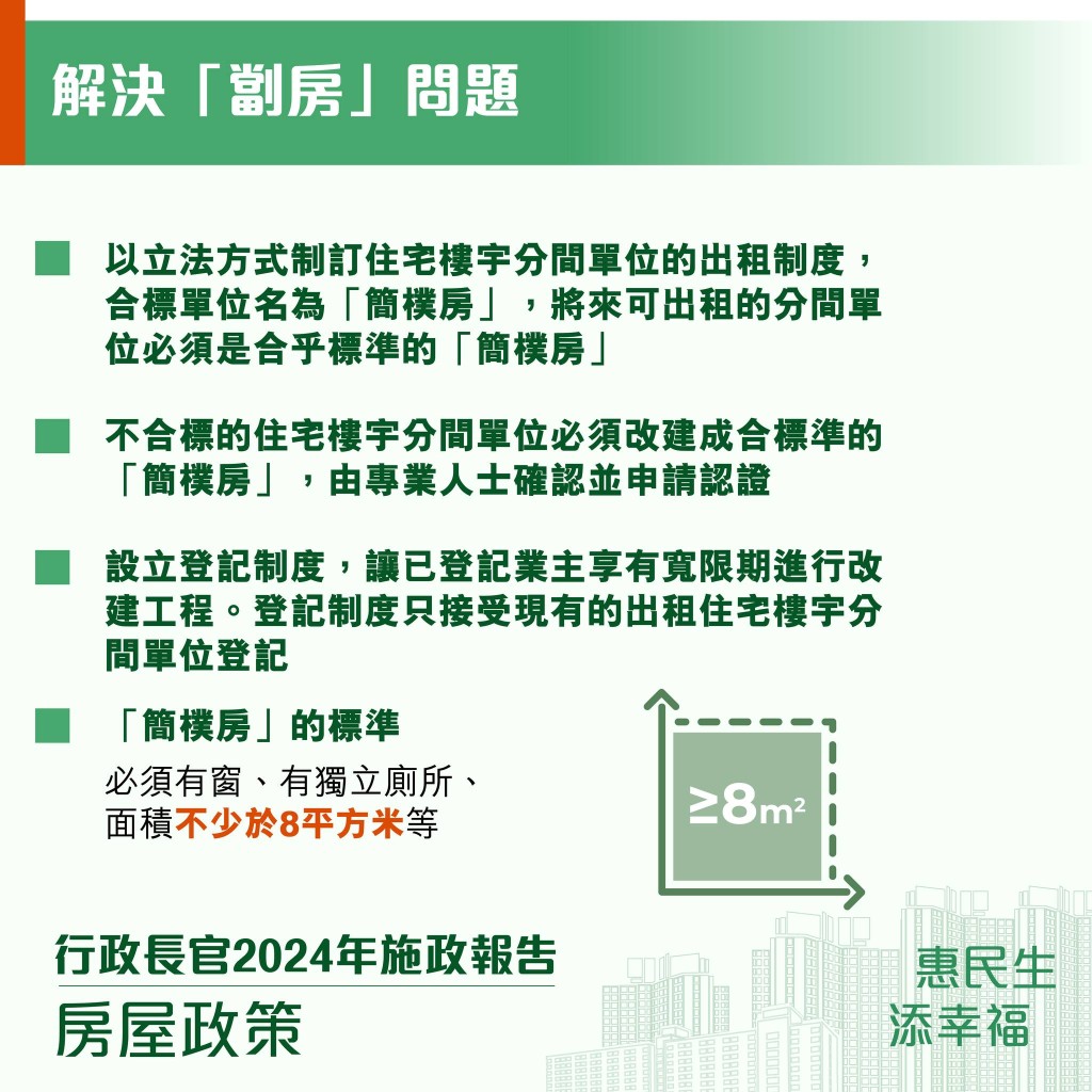 解決劏房問題，列明簡樸房的標準。