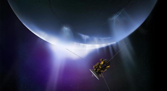 Illustration of NASA's Cassini spacecraft flying through the plume on Saturn's moon Enceladus