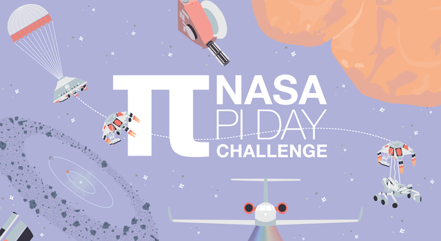 Illustration of spacecraft on a light purple background that reads "NASA Pi Day Challenge"