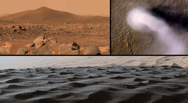 Collage of images from Mars showing a rocky terrain filled with boulders, a sand dune with large ripples, and column of dust traveling across a flat red terrain and casting a dark shadow.