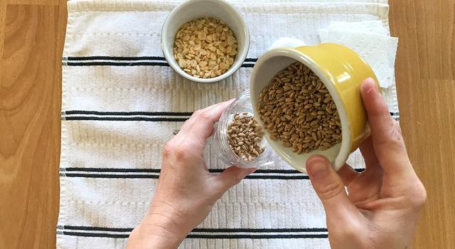 Photo of a person pouring grains into their DIY water filter