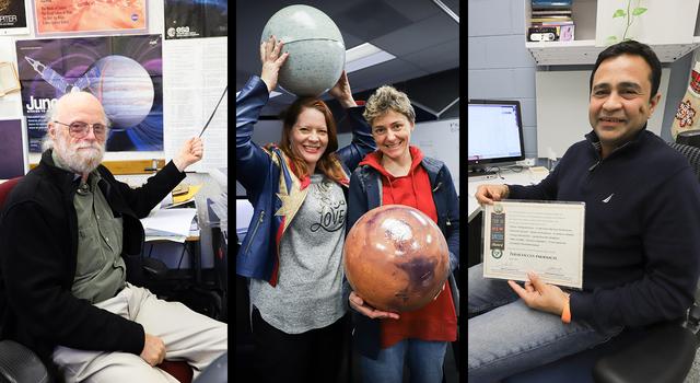 Collage of images of Glenn Orton, Krys Blackwood, Alexandra Holloway and Parag Vaishampayan in their workspaces at JPL