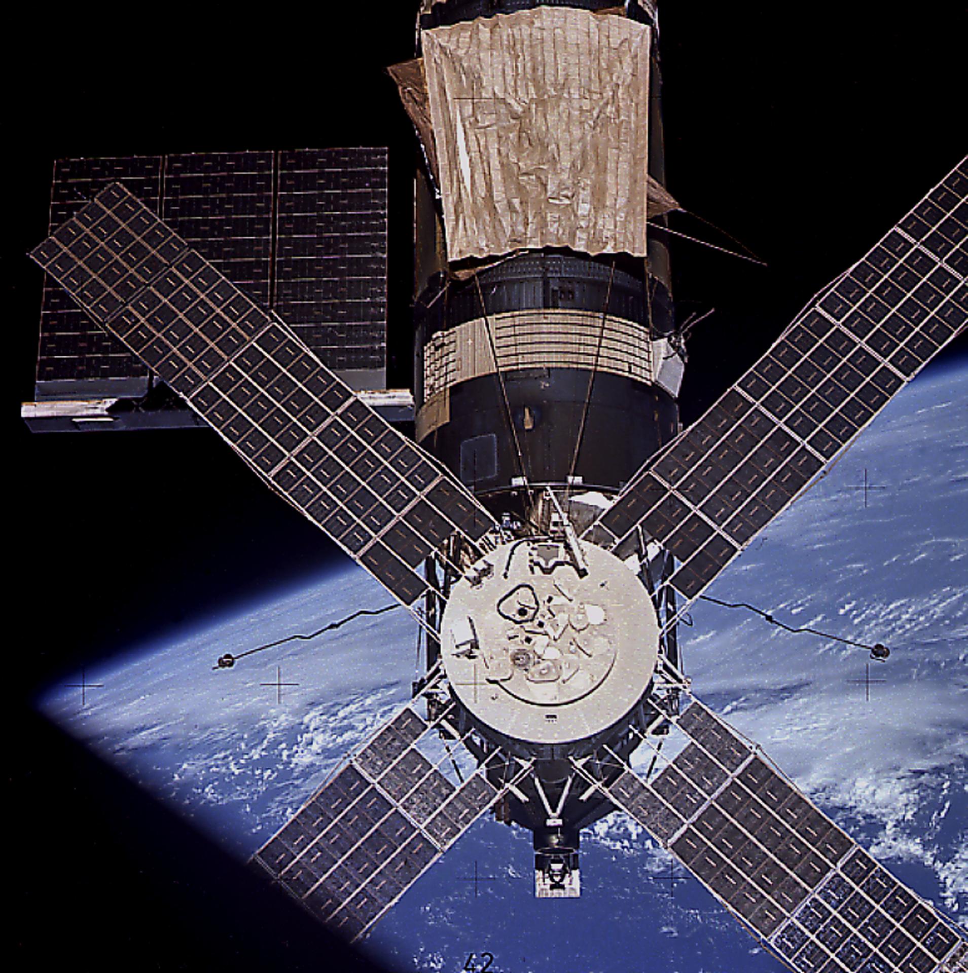 View of Skylab in orbit taken as the third crew (Skylab-4) departed the space station.