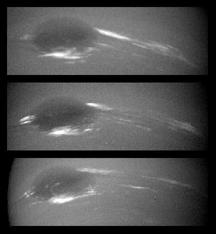 The bright cirrus-like clouds of Neptune change rapidly, often forming and dissipating over periods of several to tens of hours as seen in this sequence spanning two rotations of Neptune about 36 hours by NASA Voyager 2.