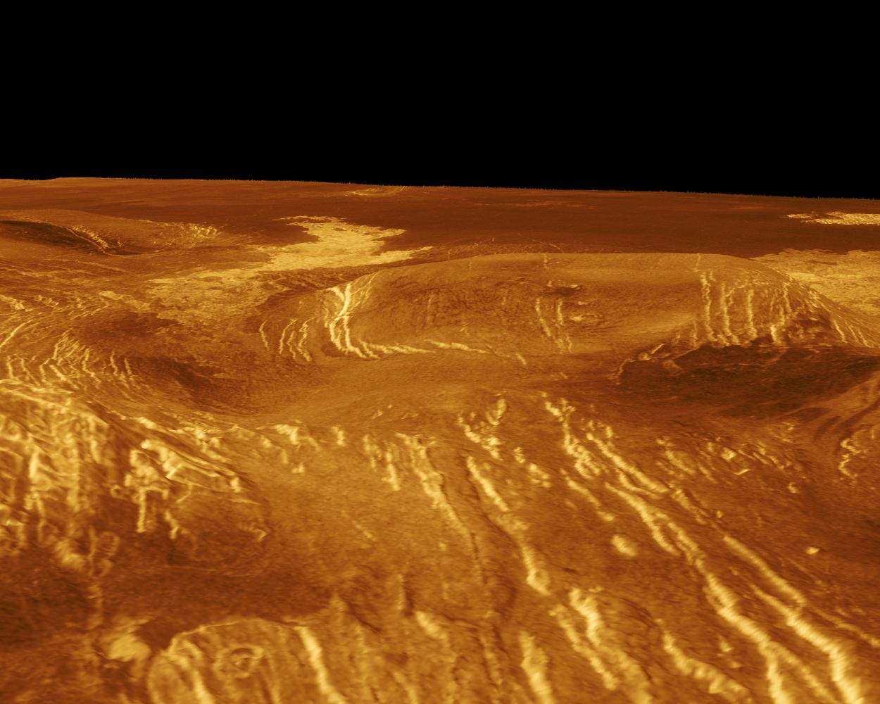 A corona is displayed in this computer-simulated view from NASA Magellan spacecraft of the surface of Venus.