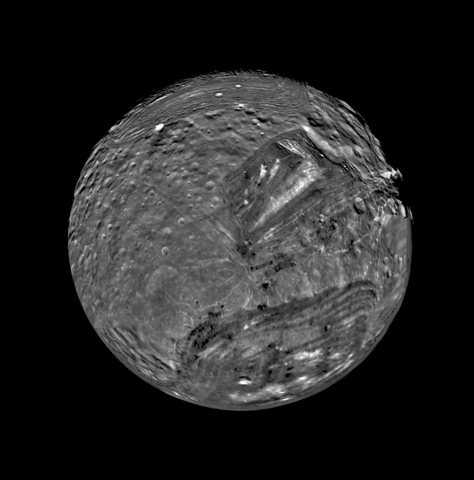 Uranus moon Miranda is shown in a computer-assembled mosaic of images obtained Jan. 24, 1986, by NASA Voyager 2 spacecraft. Miranda is the innermost and smallest of the five major Uranian satellites,