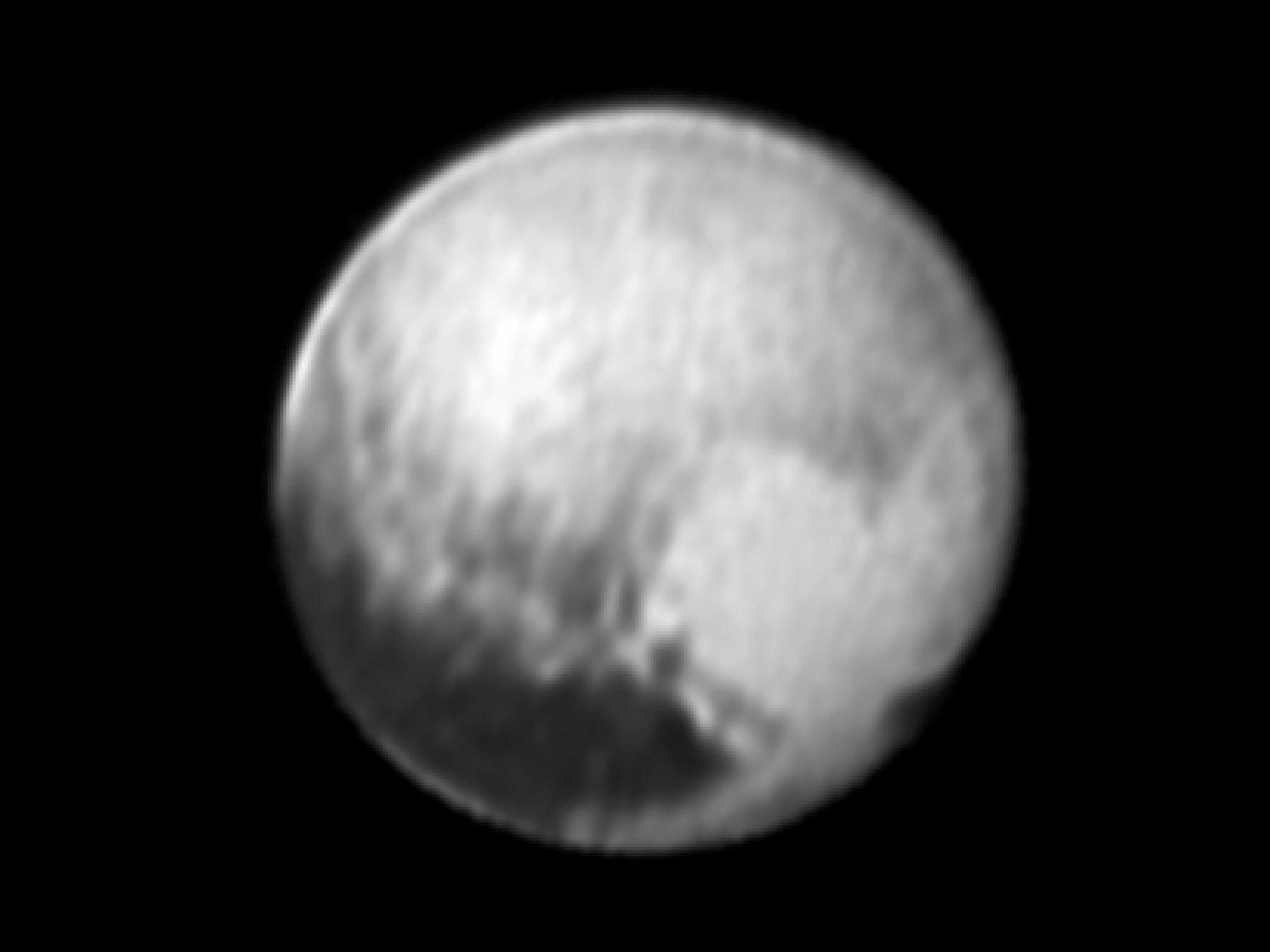 This image of Pluto was taken by NASA New Horizons spacecraft at 4:18 UT on July 9, 2015, from a range of 3.9 million miles 6.3 million kilometers reveals new details on the surface of Pluto.