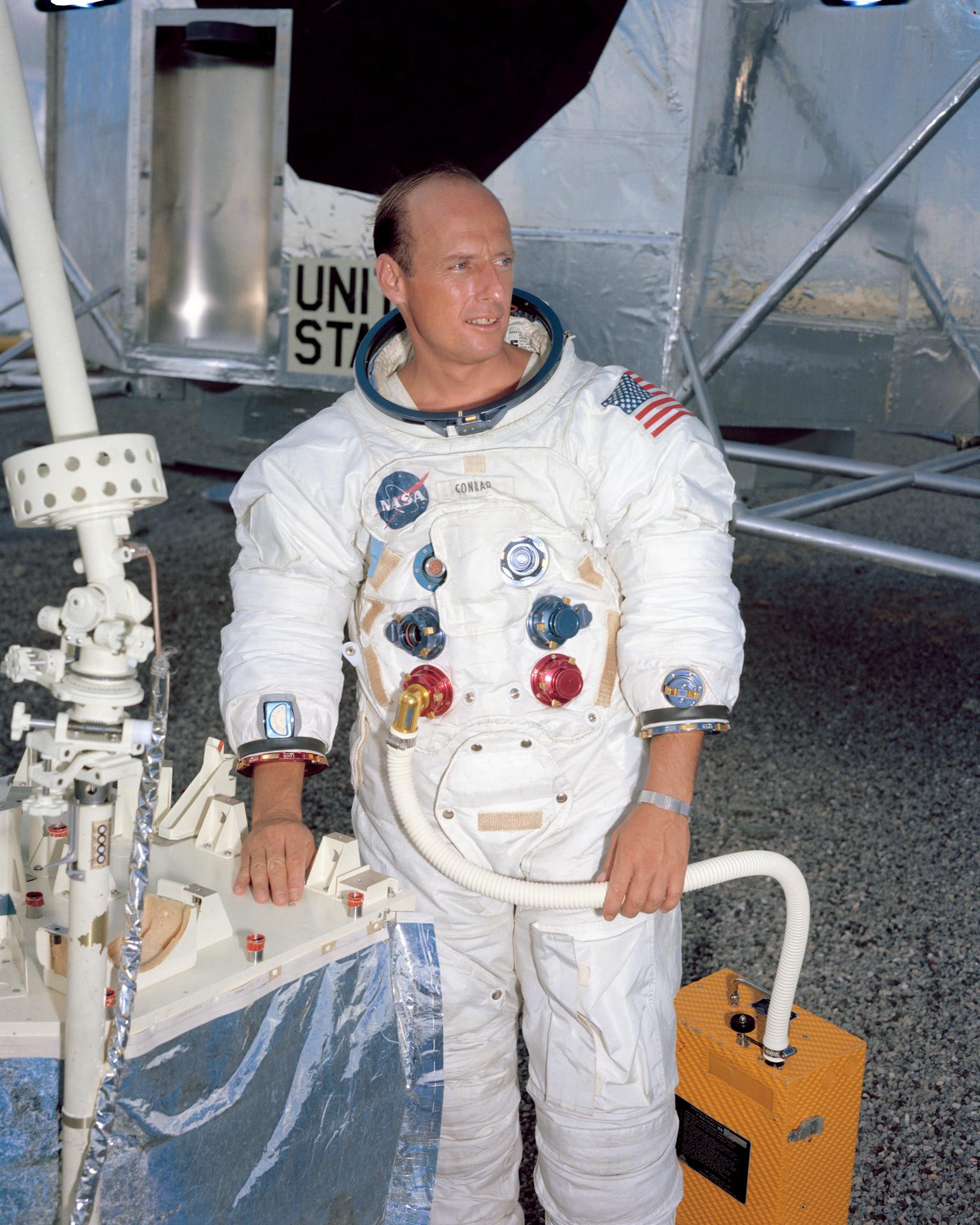 Pete Conrad poses in his Apollo 12 space suit