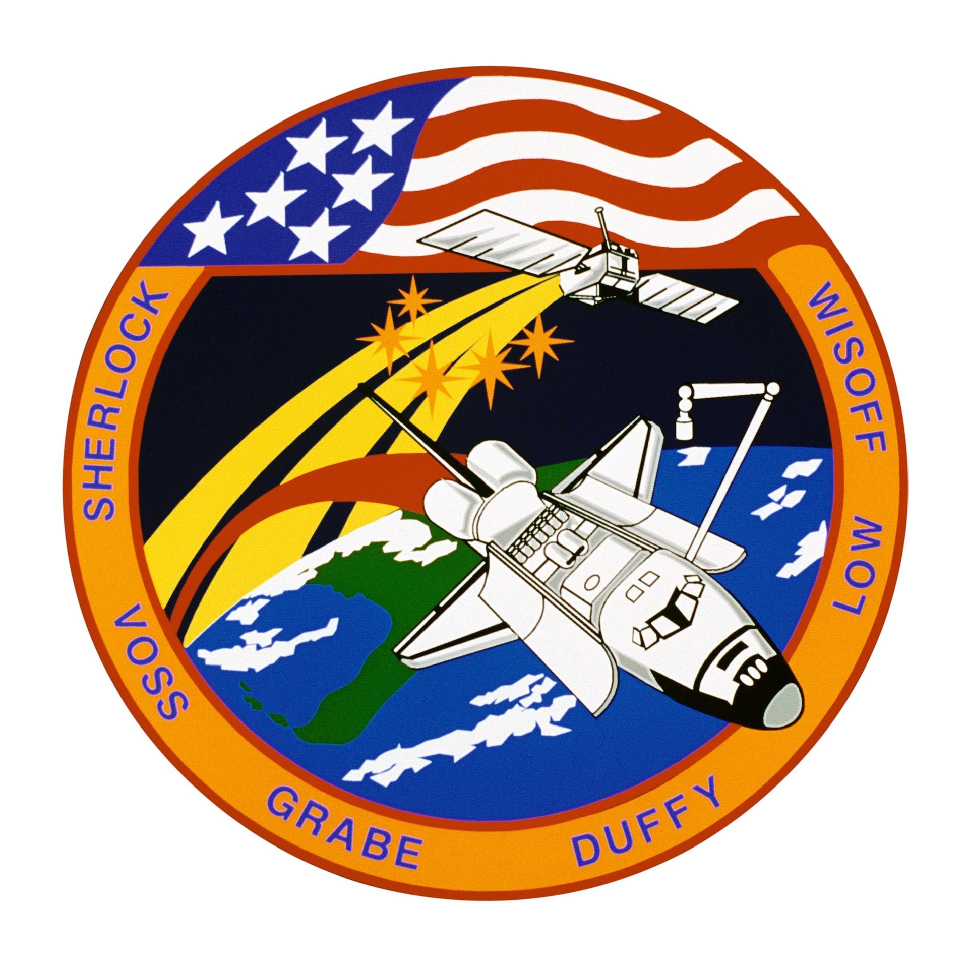 STS057-S-001 (February 1993) --- Designed by the crew members, the STS-57 crew patch depicts the space shuttle Endeavour maneuvering to retrieve the European Space Agency's (ESA) microgravity experiment satellite EURECA. SpaceHab - the first commercial space laboratory - is depicted in the cargo bay, and its characteristic shape is represented by the inner red border of the patch.  The three gold plumes surrounded by the five stars trailing EURECA are suggestive of the United States astronaut logo. The five gold stars together with the shape of the orbiter's mechanical arm form the mission's numerical designation. The six stars on the American flag represent the United States astronauts who comprise the crew. With detailed input from the crew members, the final artwork was accomplished by artist Tim Hall.    The NASA insignia design for space shuttle flights is reserved for use by the astronauts and for other official use as the NASA Administrator may authorize. Public availability has been approved only in the form of illustrations by the various news media. When and if there is any change in this policy, which we do not anticipate, it will be publicly announced. Photo credit: NASA