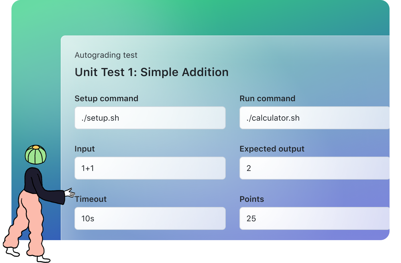 A cartoon character looking at a set of fields to configure autograding